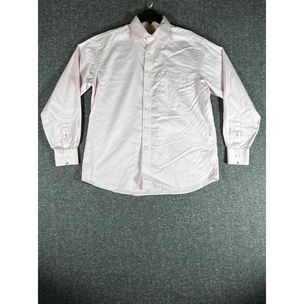 Tommy Bahama Mens Pink White Striped Herringbone Cotton Dress Shirt 16 34-35